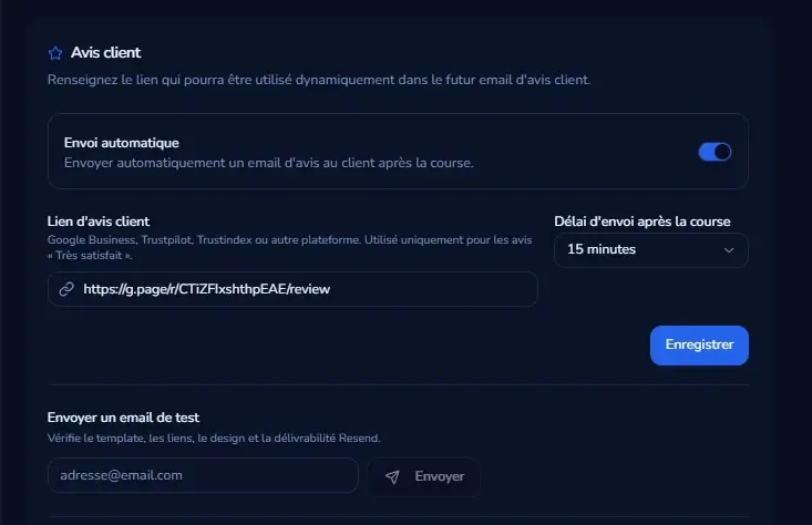 Paramétrage de la demande d'avis Google automatique pour VTC dans Bizz Cab