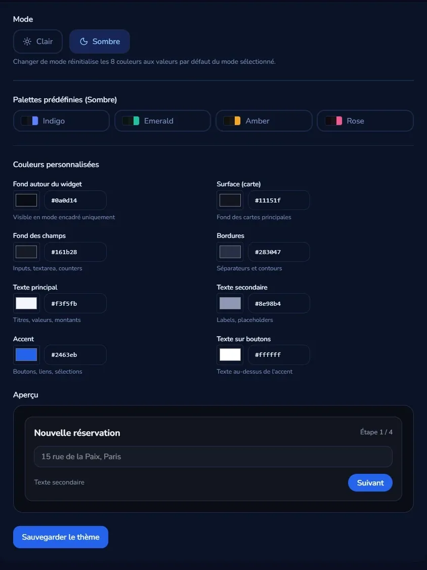 Personnalisation des couleurs du module de réservation VTC Bizz Cab
