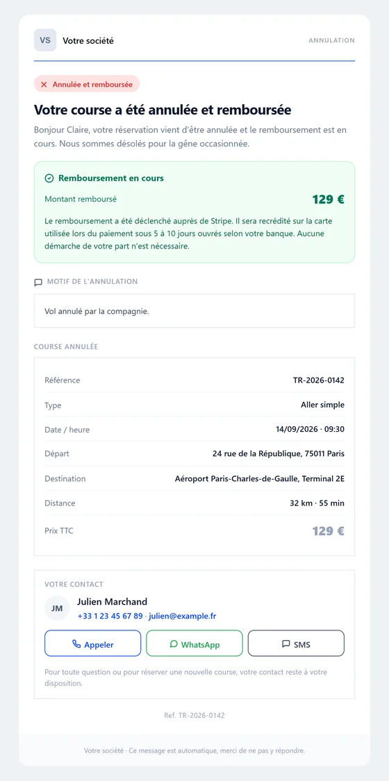 Annulée et remboursée — e-mail automatique VTC Bizz Cab
