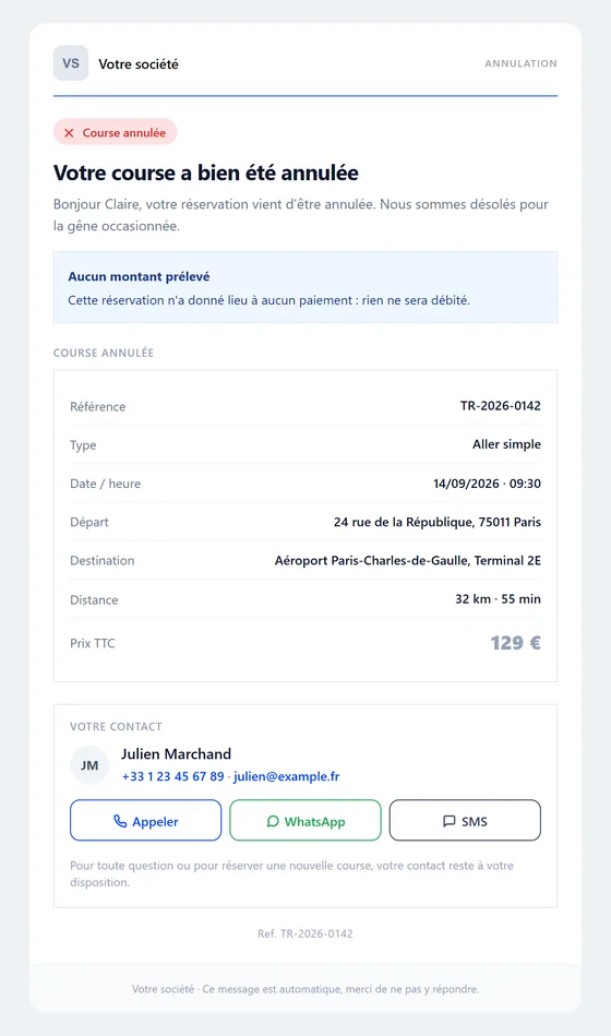 Annulée — e-mail automatique VTC Bizz Cab