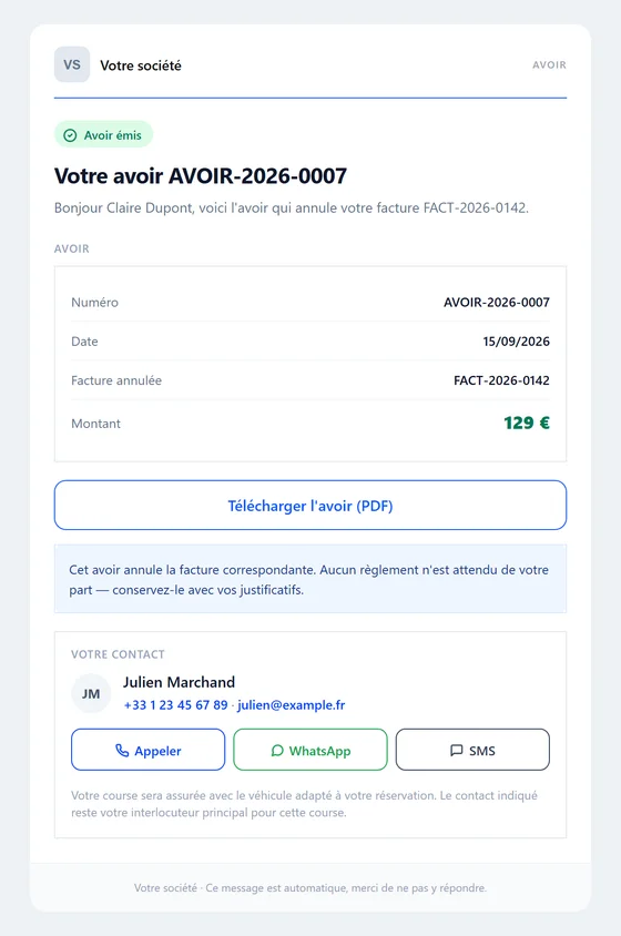 L'avoir — e-mail automatique VTC Bizz Cab