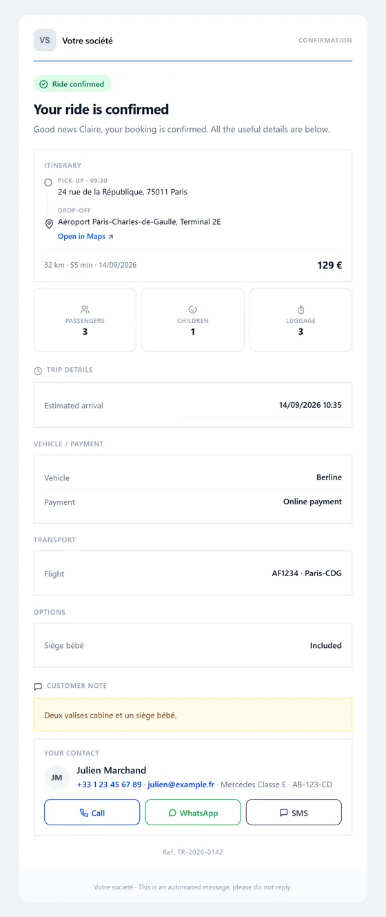 E-mail de confirmation de course VTC en English — Bizz Cab