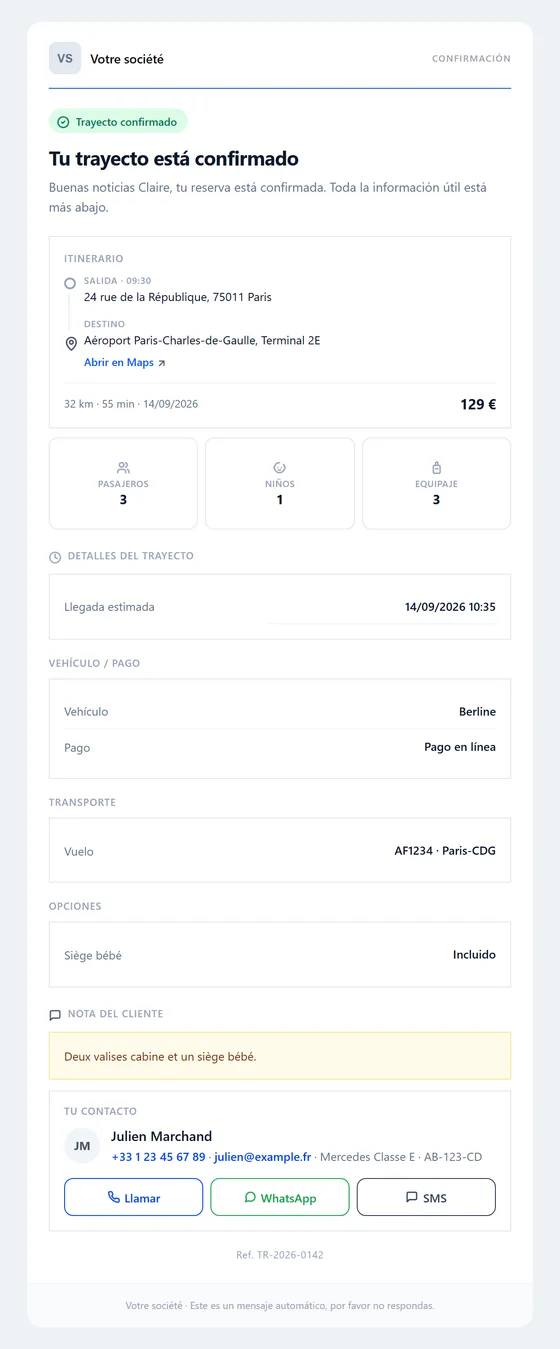 E-mail de confirmation de course VTC en Español — Bizz Cab
