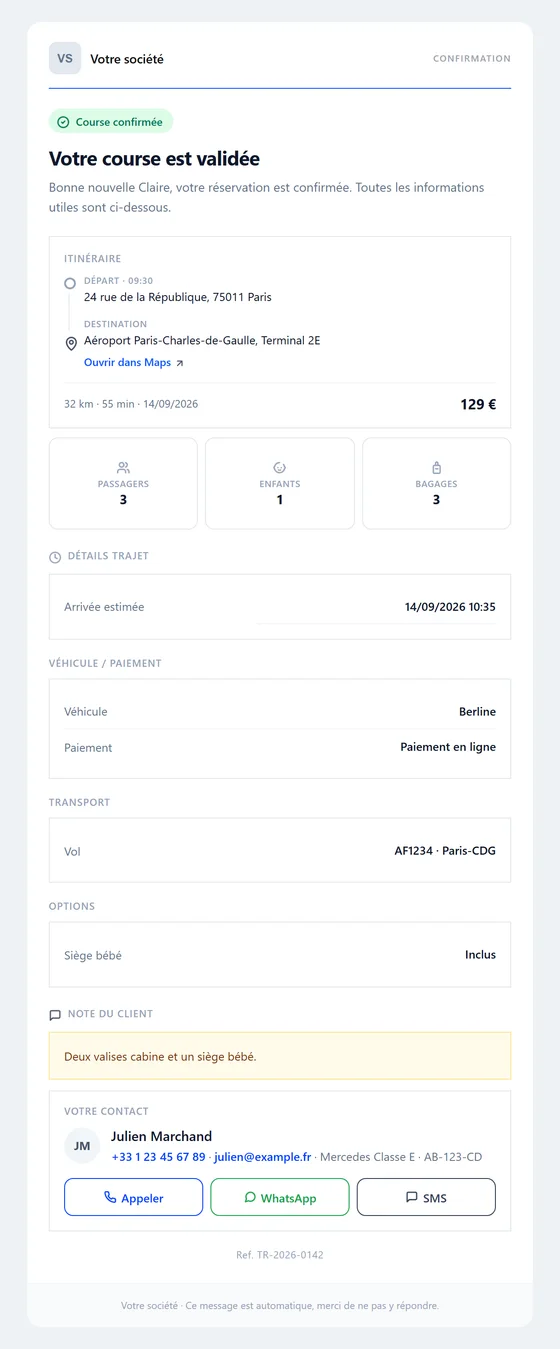 E-mail de confirmation de course VTC en Français — Bizz Cab