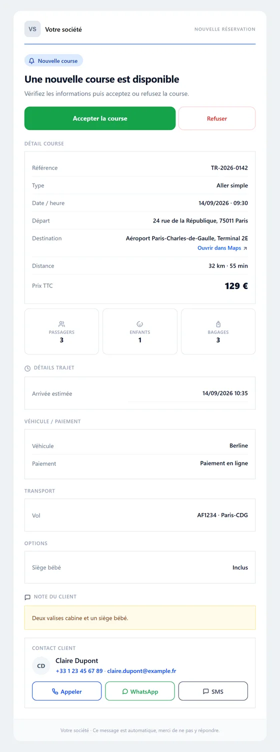 Tu reçois la demande — e-mail automatique VTC Bizz Cab