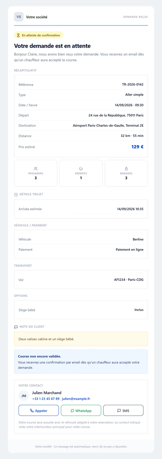 Ton client reçoit son récapitulatif — e-mail automatique VTC Bizz Cab