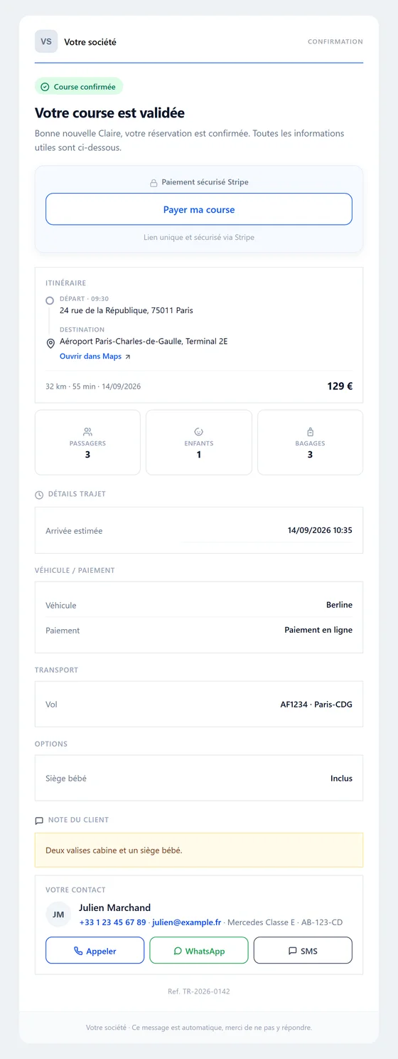 S'il paie en ligne, il reçoit son lien — e-mail automatique VTC Bizz Cab