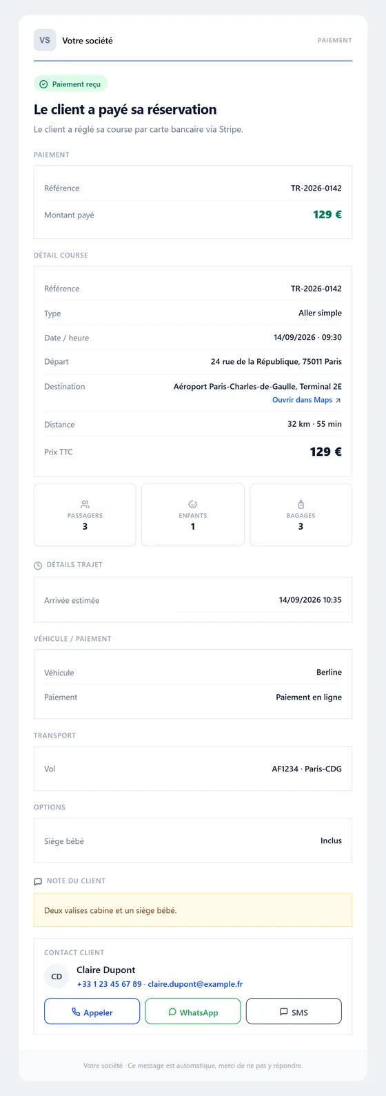 Tu es prévenu du paiement — e-mail automatique VTC Bizz Cab