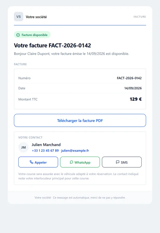 Il reçoit sa facture — e-mail automatique VTC Bizz Cab