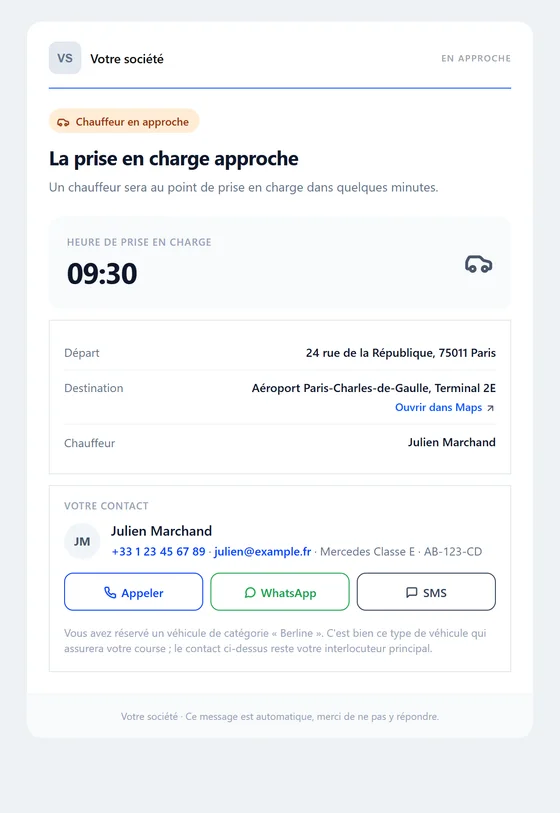 Tu arrives, il le sait — e-mail automatique VTC Bizz Cab