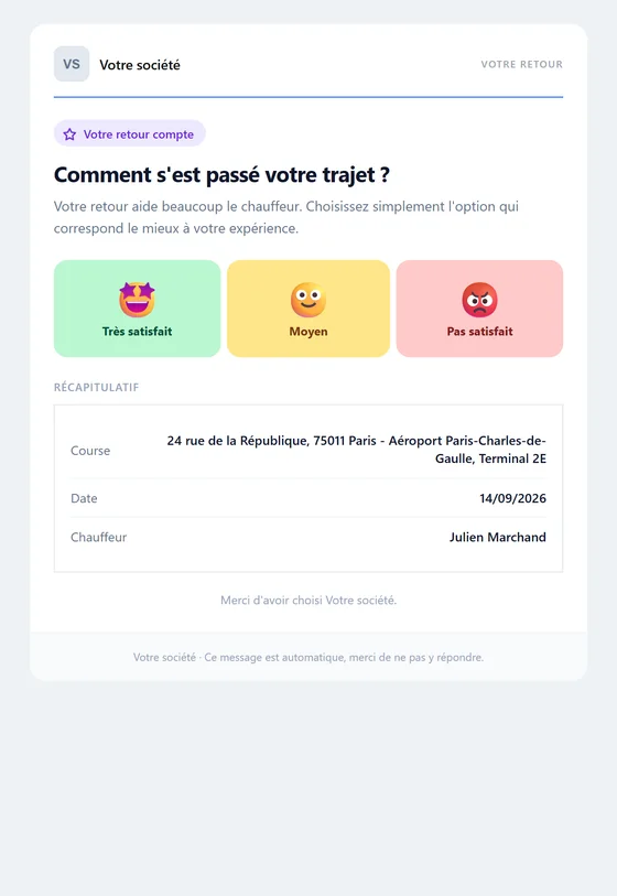 Après la course, tu demandes son avis — e-mail automatique VTC Bizz Cab